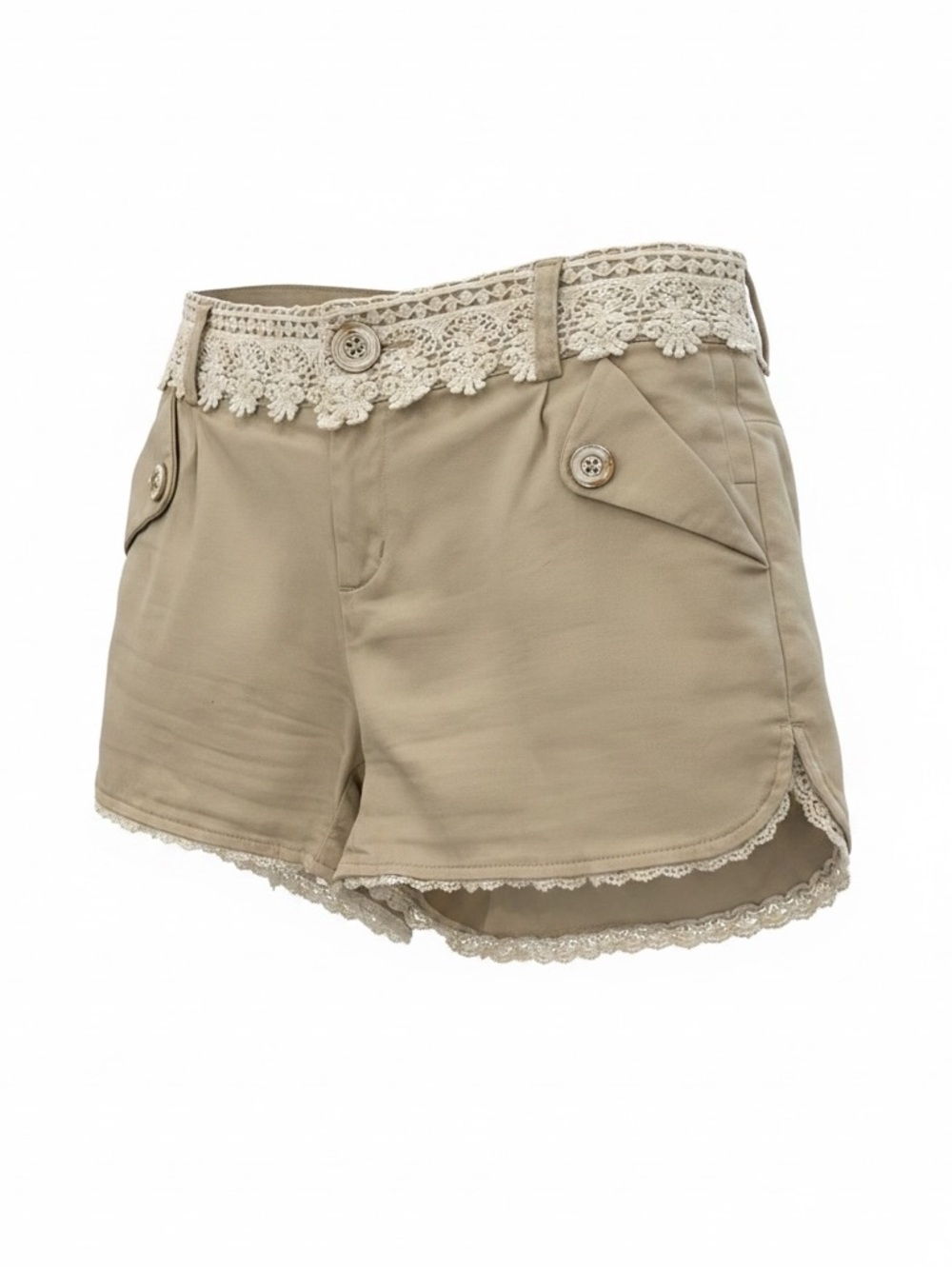SEMIR CROCHETED LACE WAISTBAND CARGO SHORTS PEEKABOO TRIM KHAKI TAN SZ 27 SMALL